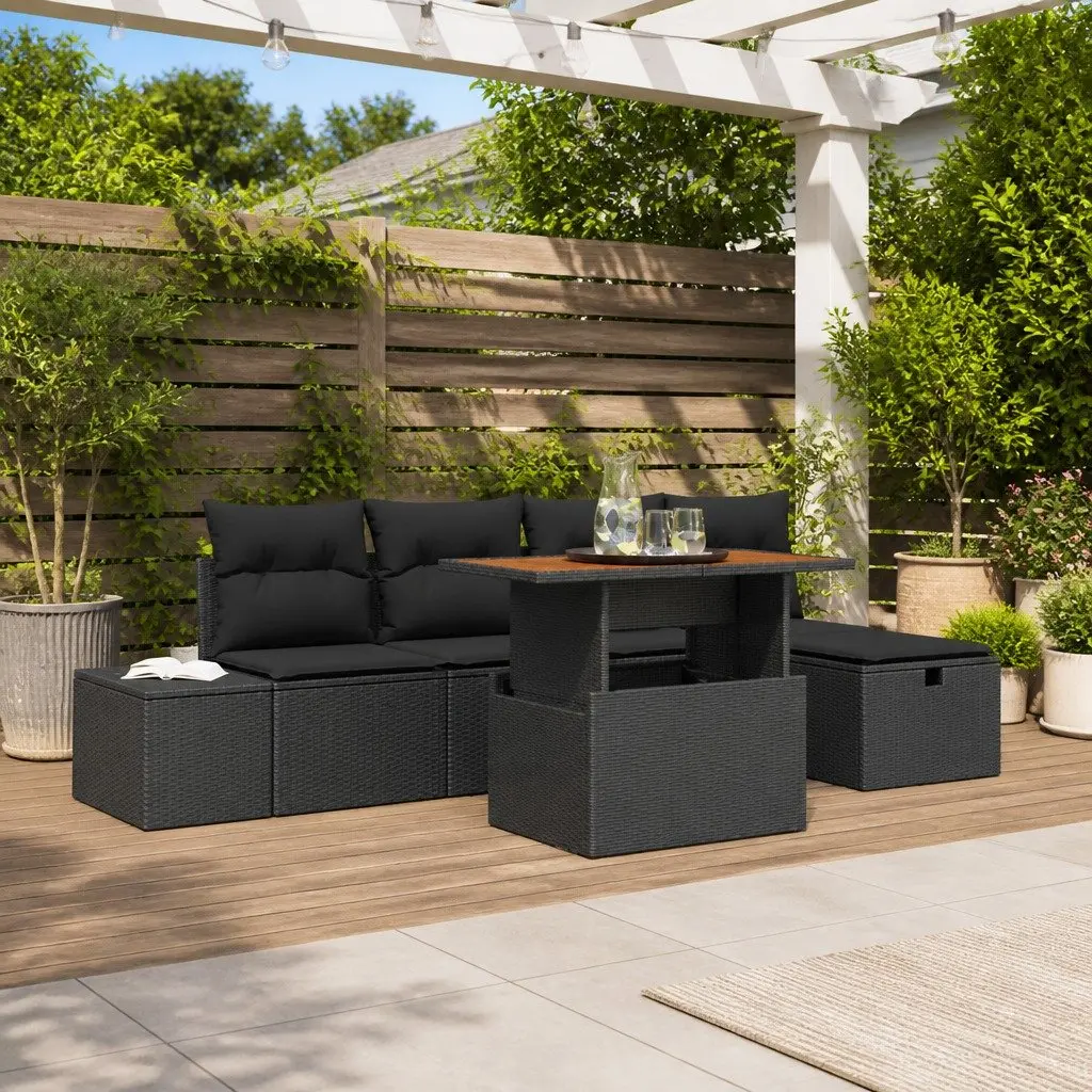 Outdoor Garden Sofa Set Poly Rattan 6 Piece Black with Cushions