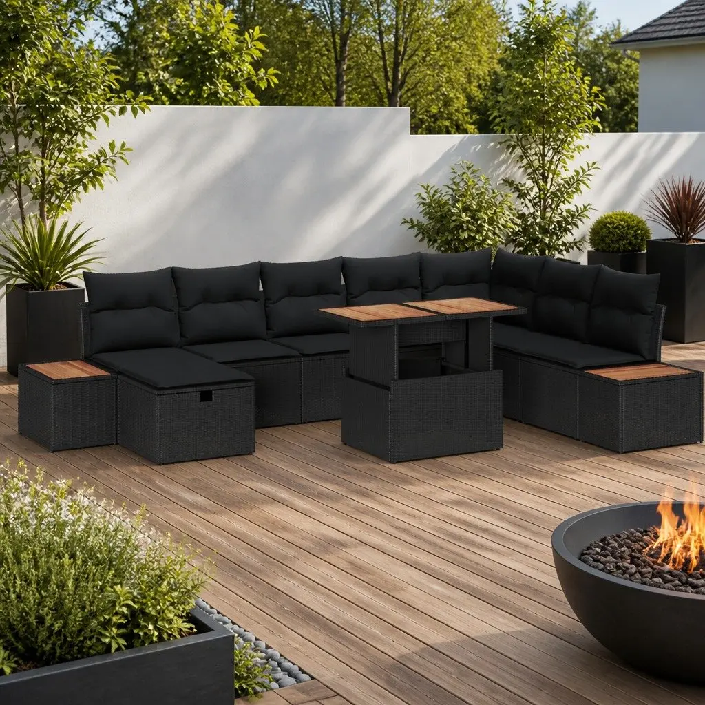 Garden Sofa Set Poly Rattan 9 Piece Outdoor Furniture Black Seating Arrangement