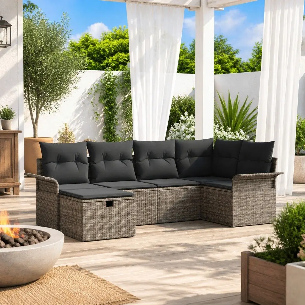 Garden Sofa Set Poly Rattan 6 Piece Brown Outdoor Furniture