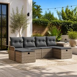 Garden Sofa Set 6 Piece Modular Outdoor Furniture with Cushions Grey Poly Rattan