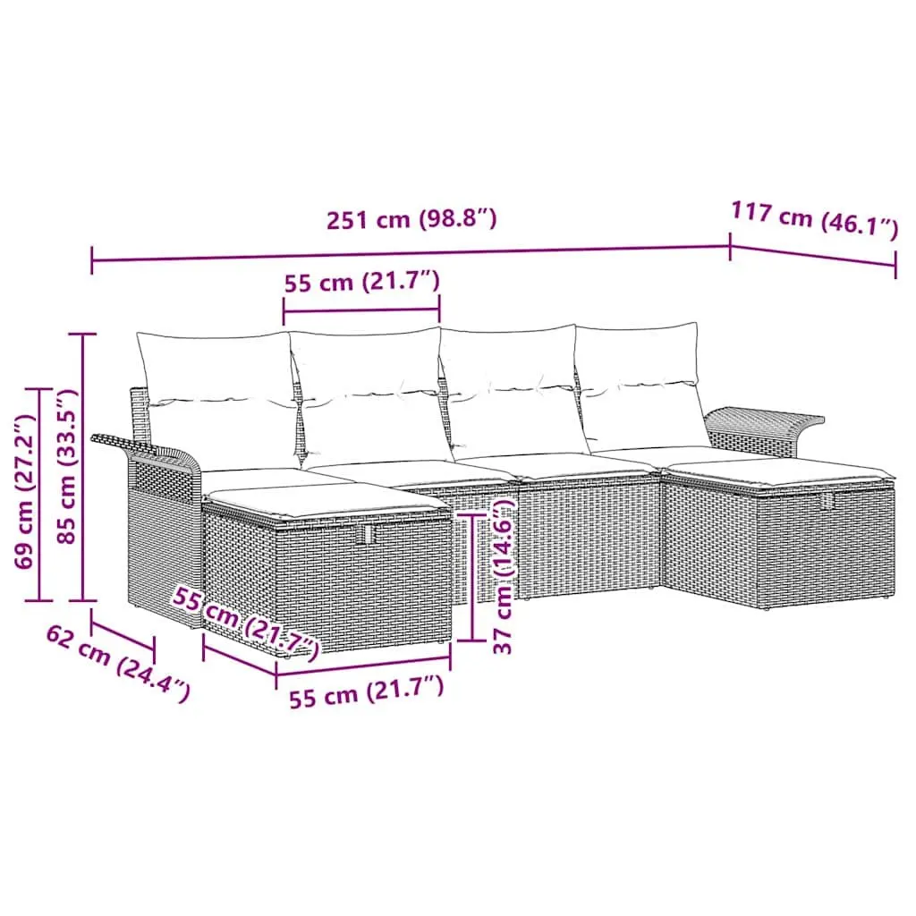 6 Piece Modular Outdoor Sofa Set Grey Poly Rattan with Cushions