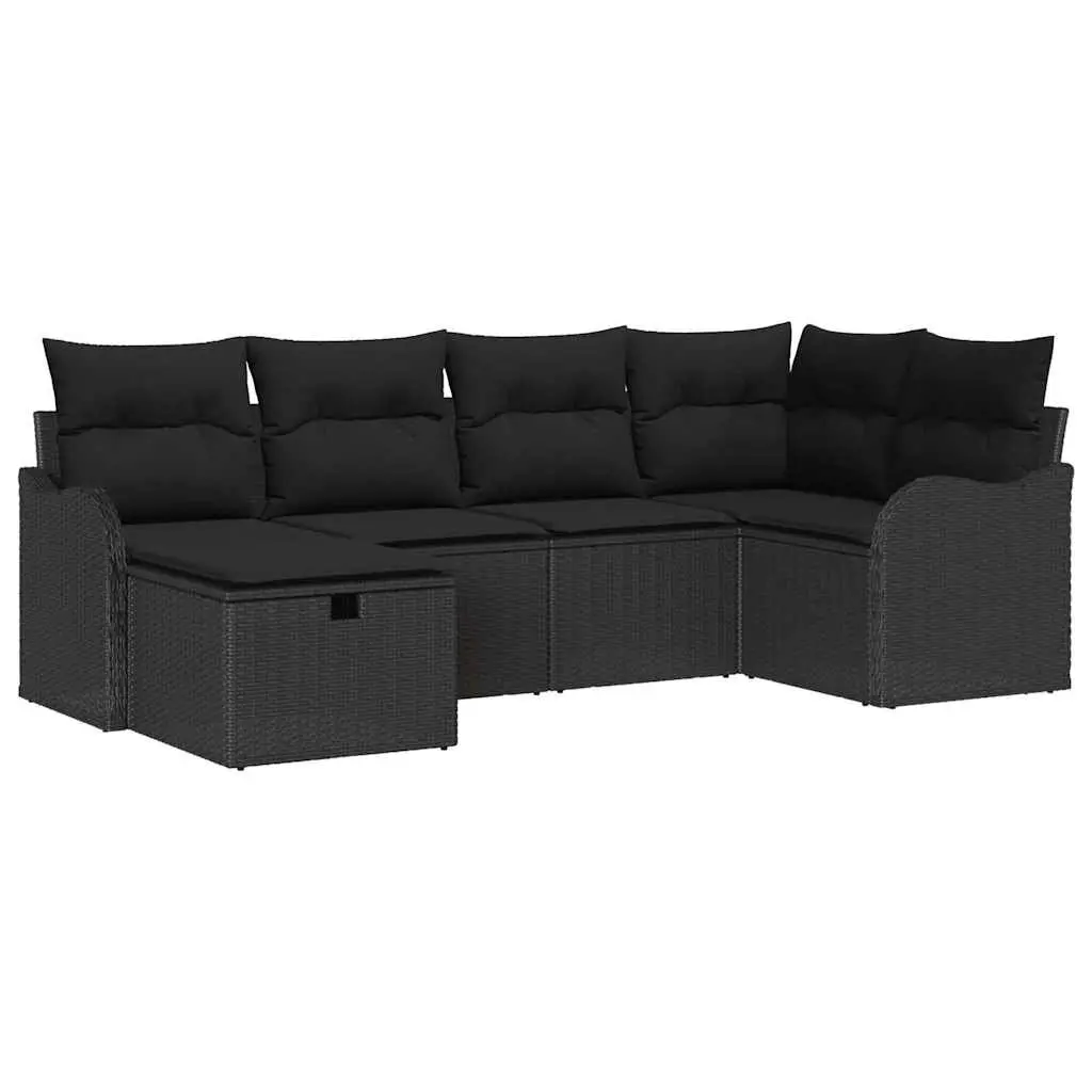 6 Piece Modular Outdoor Sofa Set Black Poly Rattan Garden Furniture Flexible Arrangement with Removable Cushions and Storage Compartments