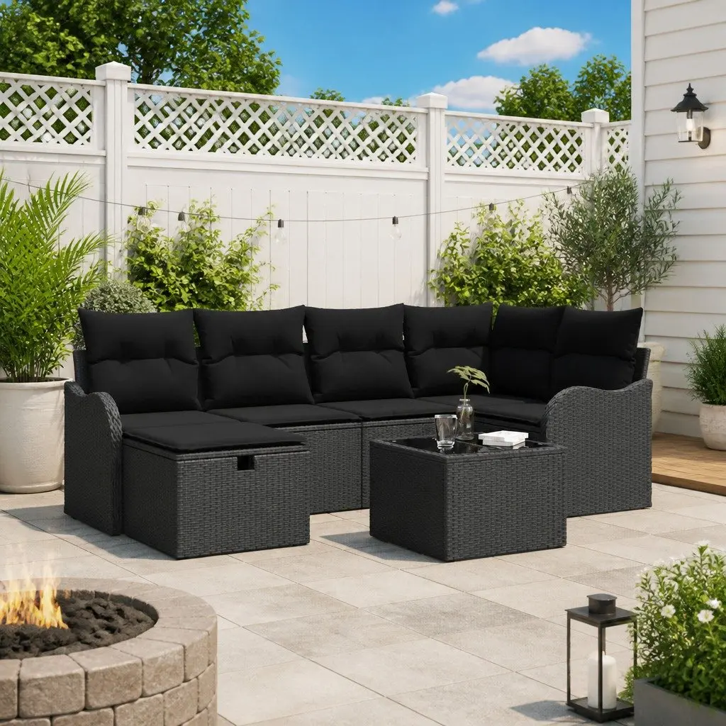 Modular Garden Sofa Set 7 Pieces Outdoor Seating Poly Rattan with Cushions Brown