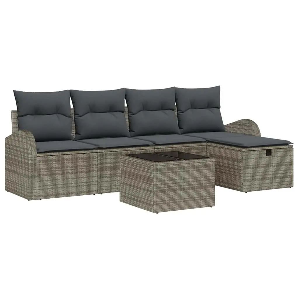 Garden Sofa Set Modular Outdoor Furniture Grey Poly Rattan 6 Pieces with Adjustable Tabletop and Hidden Storage Compartment