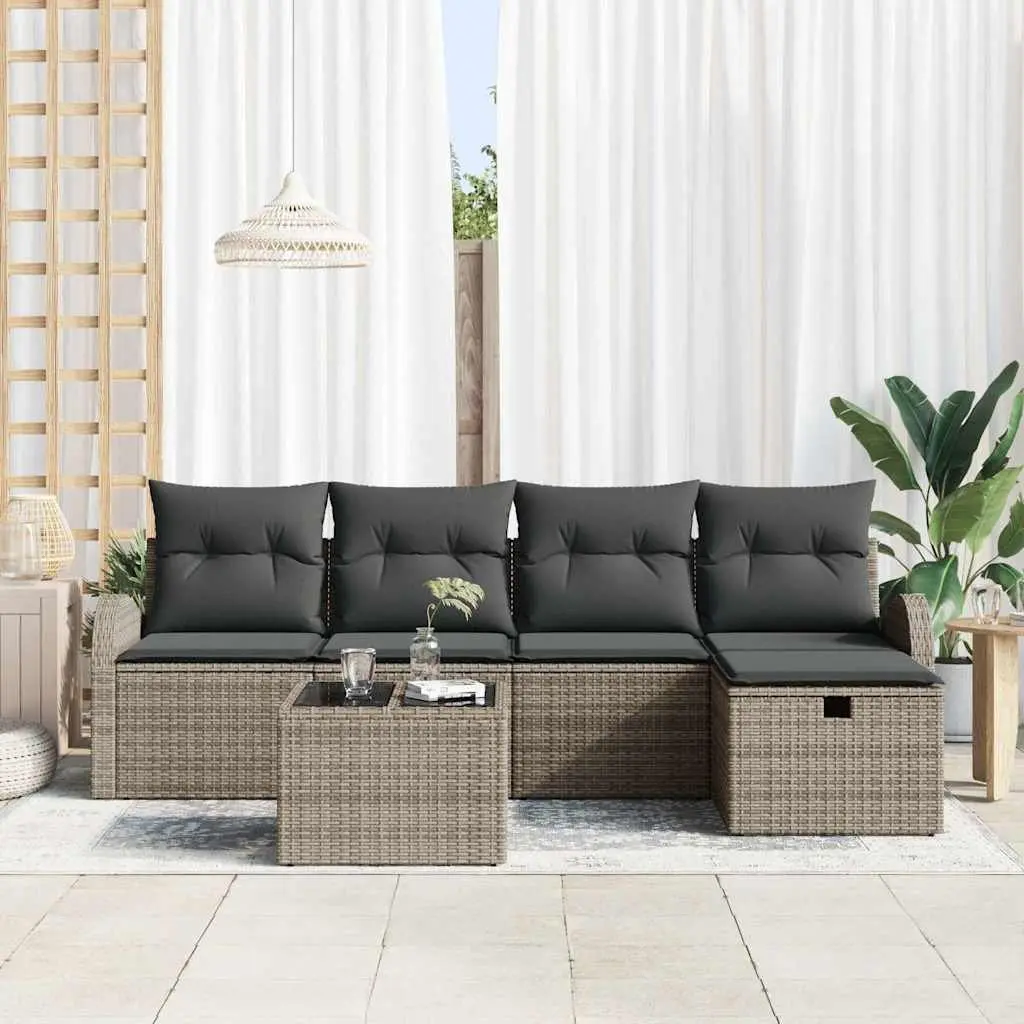 Garden Sofa Set Modular Outdoor Furniture Grey Poly Rattan 6 Pieces with Adjustable Tabletop and Hidden Storage Compartment
