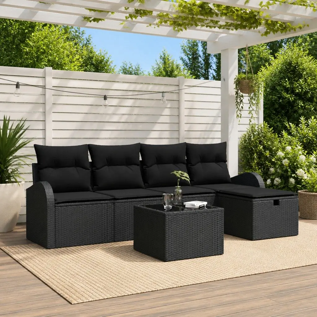 6PieceModularSofaSetBlackPolyRattanOutdoorFurnitureCustomizableDesignforPatiosandGardens