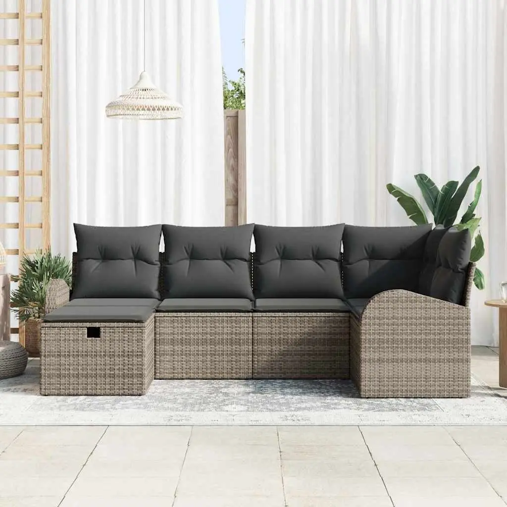 6 Piece Modular Garden Sofa Set Poly Rattan Acacia Wood Grey Outdoor Patio Furniture