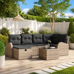 7-Piece Grey Poly Rattan Garden Sofa Set Modular Outdoor Sectional with Cushions