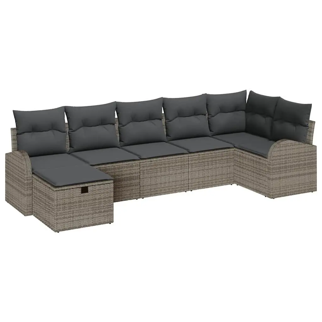 Garden Sofa Set 7 Pieces Grey Outdoor Furniture Poly Rattan Acacia Wood