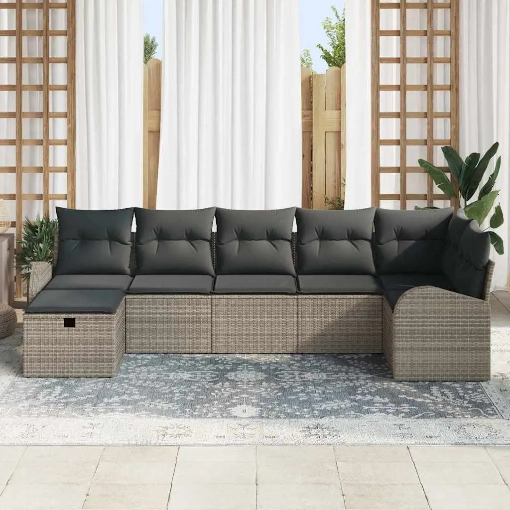 Garden Sofa Set 7 Pieces Grey Outdoor Furniture Poly Rattan Acacia Wood