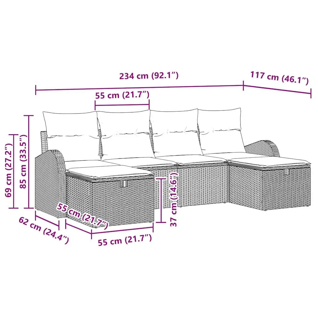 6 Piece Outdoor Modular Sofa Set Grey Poly Rattan Patio Furniture with Flexible Configuration