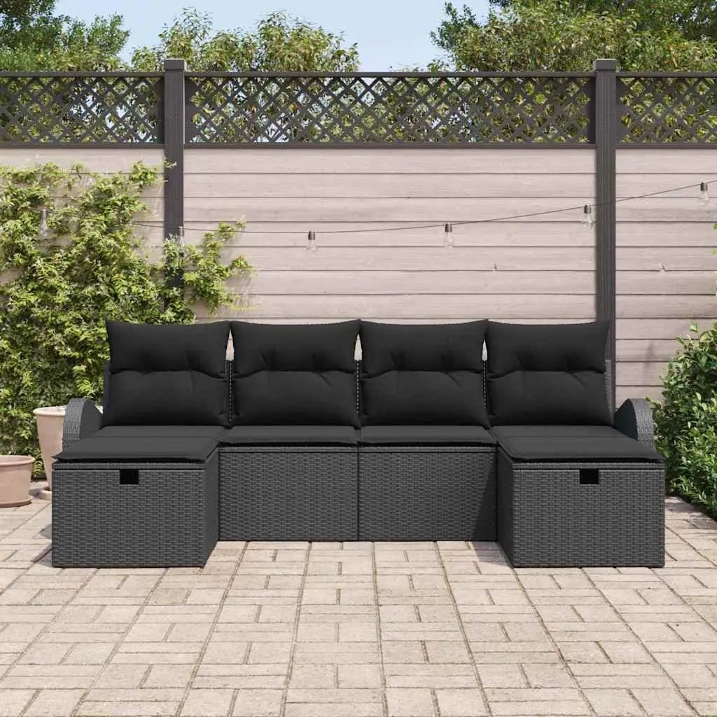 Outdoor Garden Sofa Set 6 Piece Modular Black Poly Rattan Lounge with Cushions