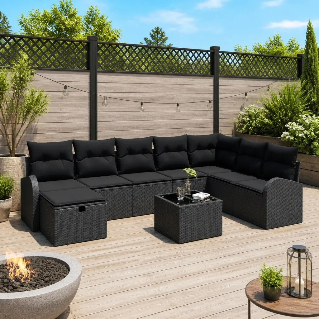 Outdoor Garden Sofa Set 9pcs Modular Patio Furniture Lounge Black with Storage