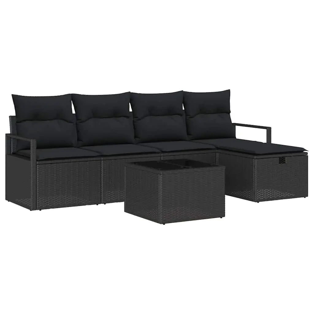 Outdoor Garden Sofa Set 6 Piece Modular Black Poly Rattan Lounge with Cushions