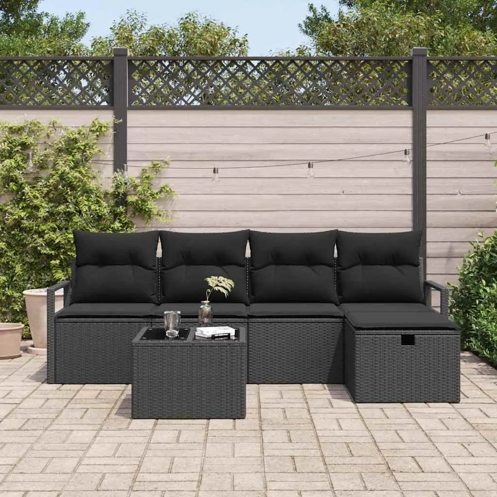 Outdoor Garden Sofa Set 6 Piece Modular Black Poly Rattan Lounge with Cushions