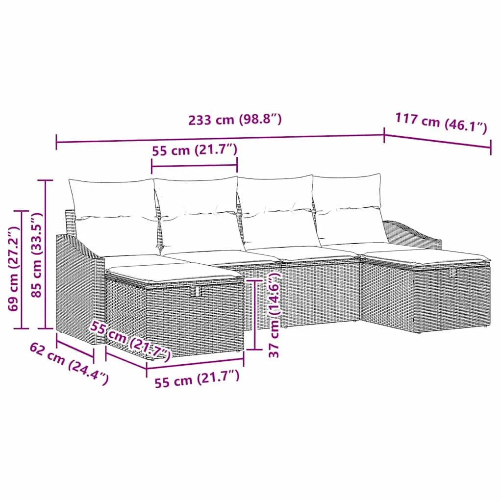 Outdoor Sofa Set 6 Pieces Grey Poly Rattan Garden Furniture Modular Seating