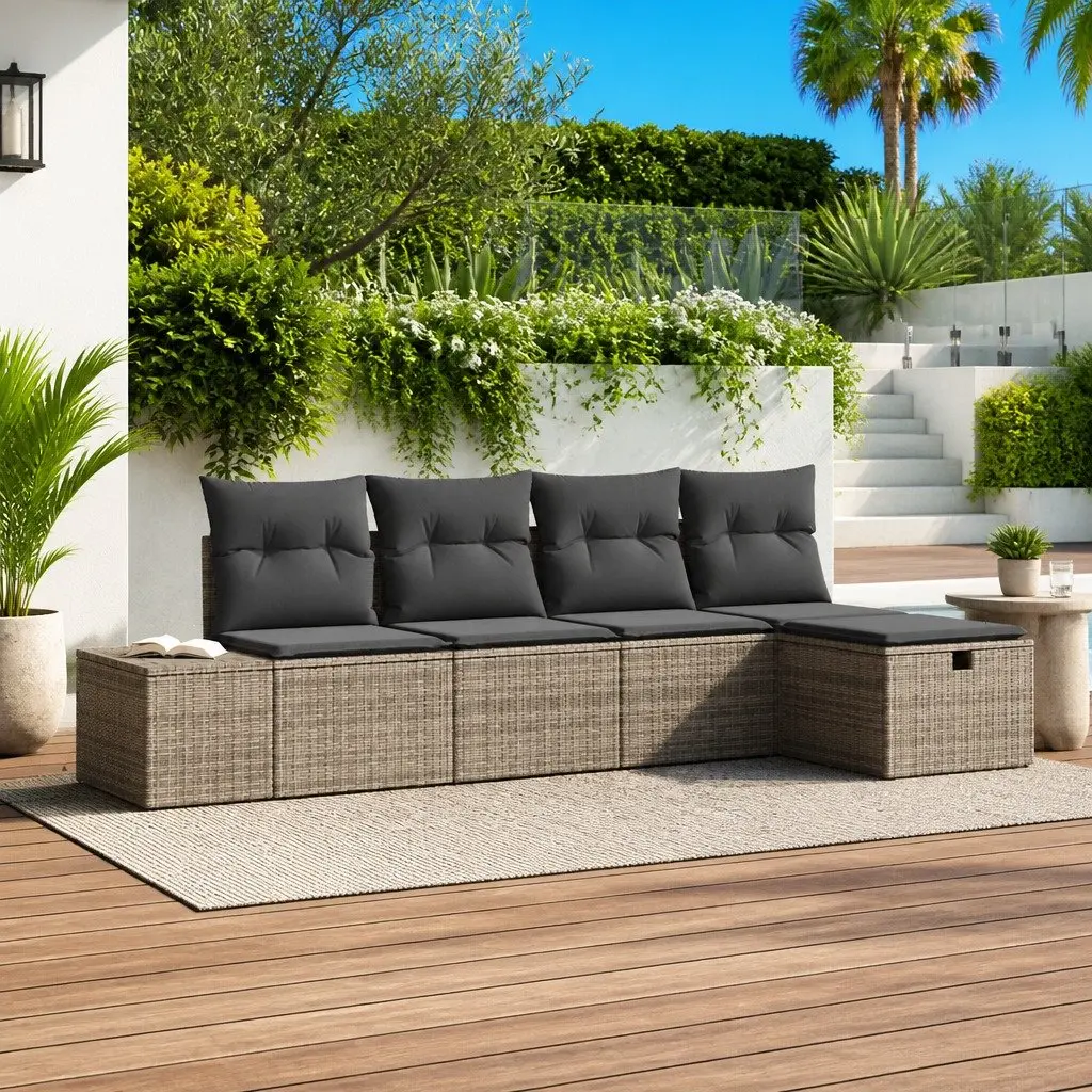 5 Piece Modular Outdoor Sofa Set Grey Poly Rattan with Soft Foam Cushions for Garden and Patio
