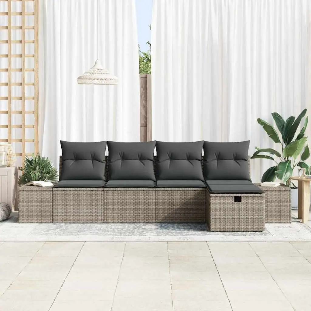5 Piece Modular Outdoor Sofa Set Grey Poly Rattan with Soft Foam Cushions for Garden and Patio