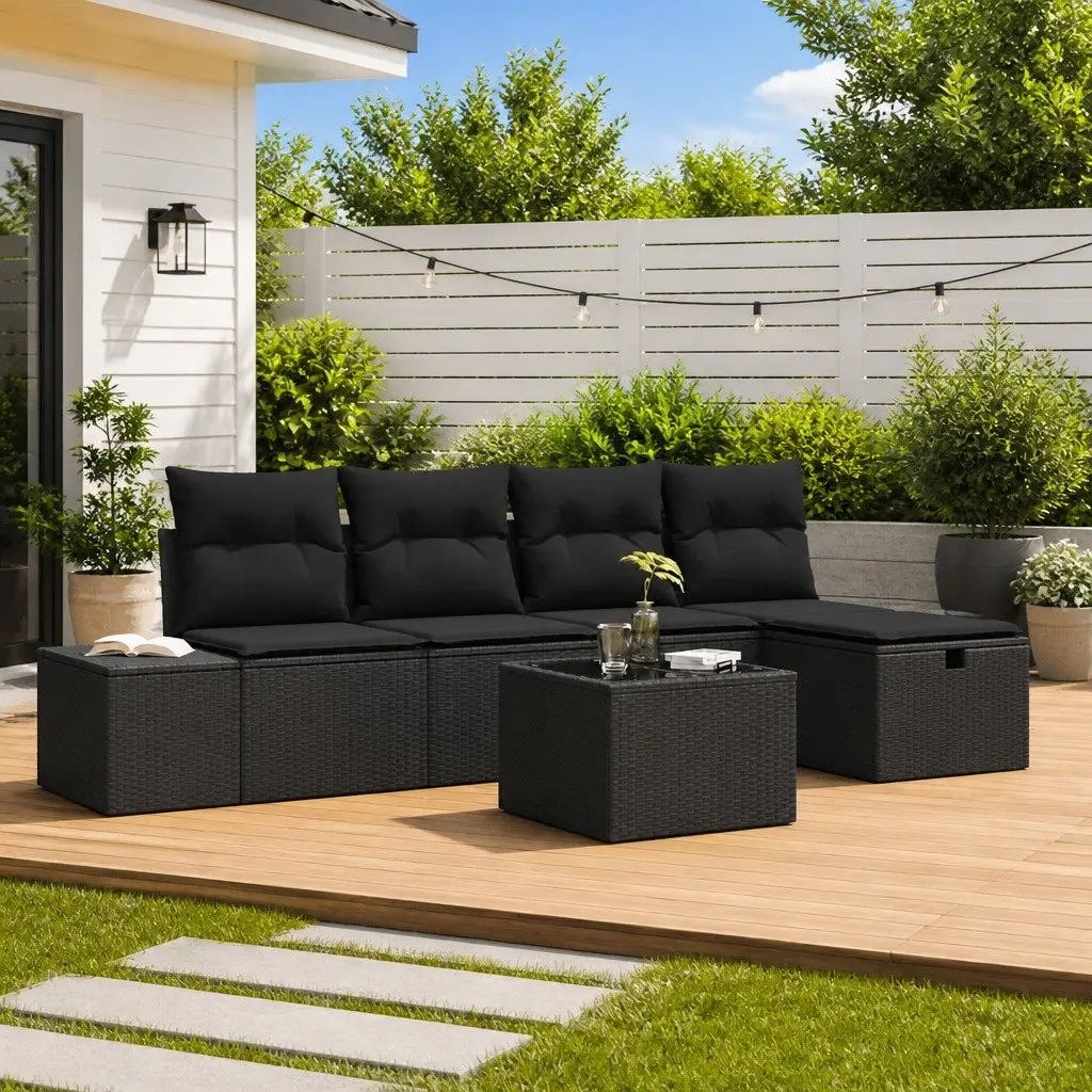 Outdoor Sofa Set 5 Piece Black Poly Rattan Garden Furniture Modular Patio