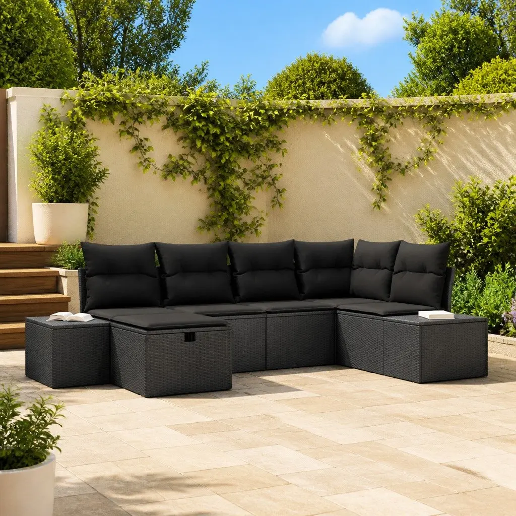 6 Piece Modular Sofa Set Black Poly Rattan Outdoor Living Garden Patio Seating Steel Frame