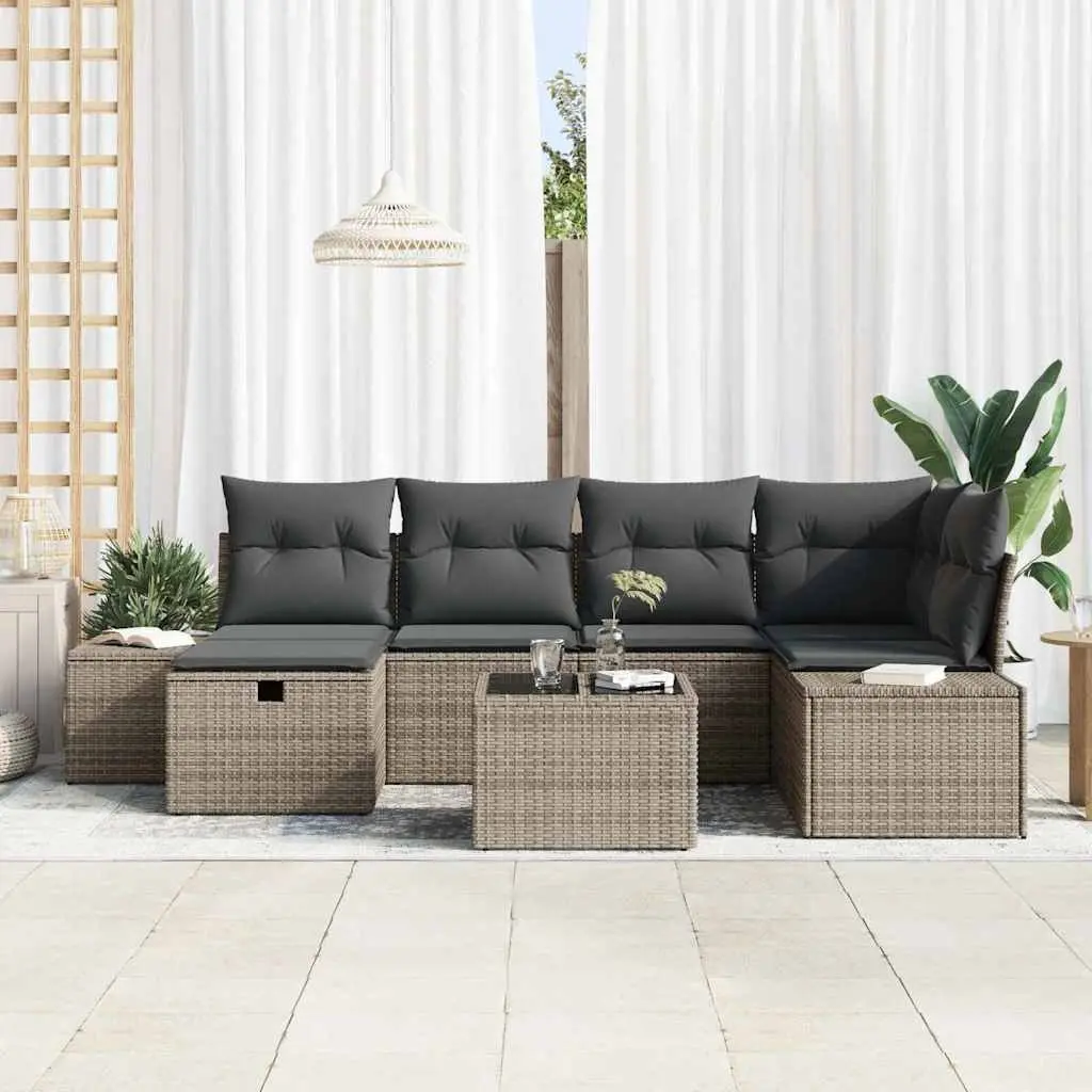 Outdoor Sofa Set Poly Rattan 7 Pieces Modular Garden Seating Grey with Cushions