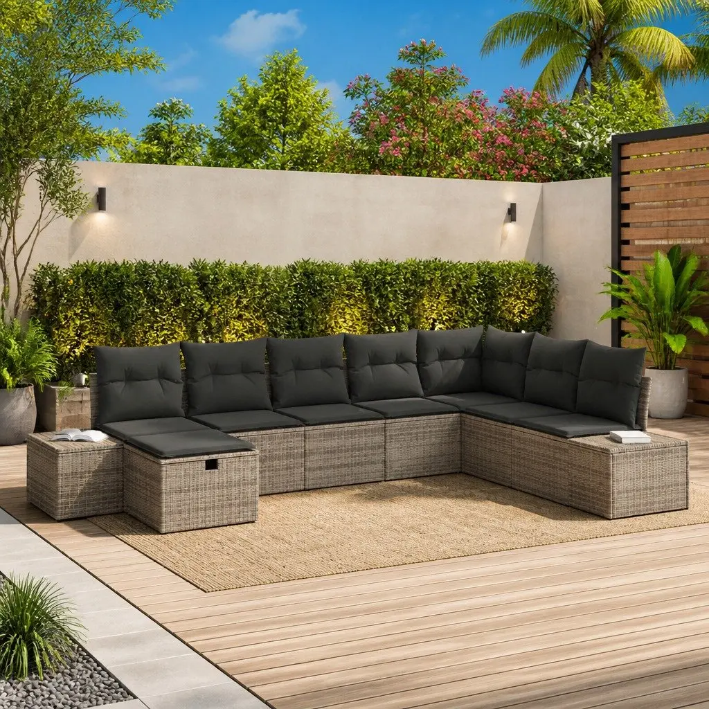 8 Piece Outdoor Modular Garden Sofa Set Grey Poly Rattan with Cushions