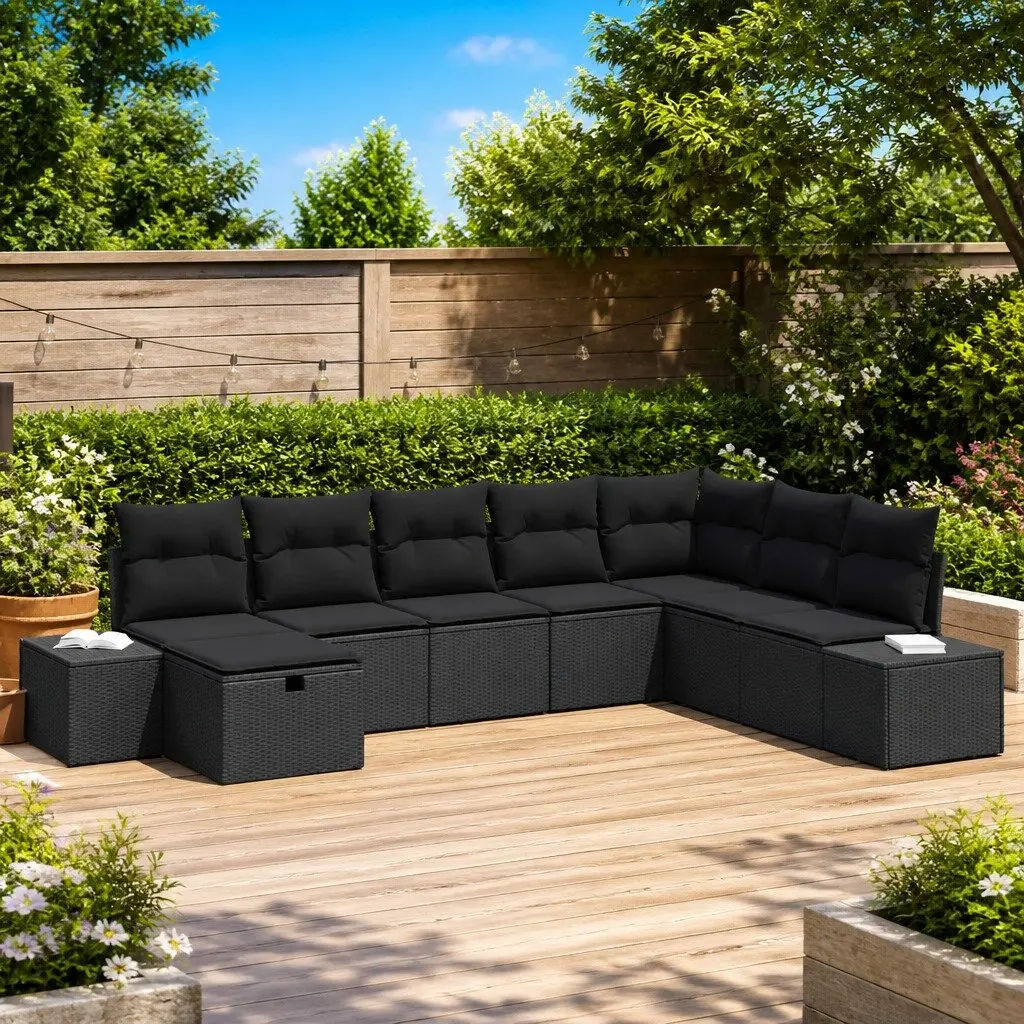 Modular Rattan Garden Sofa Set 8 Pieces Black with Cushions