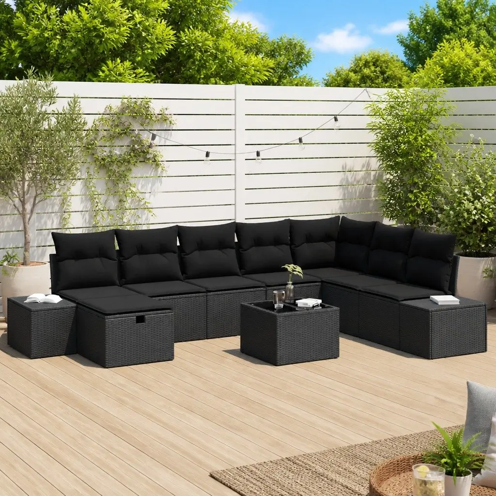 Outdoor Garden Sofa Set Modular Poly Rattan Black Lounge Seating with Cushions