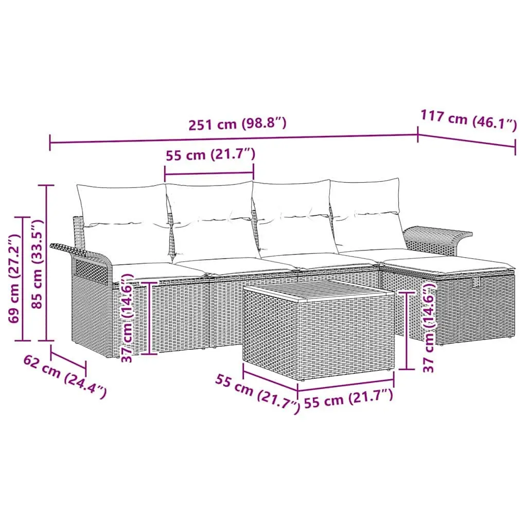 Outdoor Garden Sofa Set Poly Rattan 6 Pieces Grey with Cushions