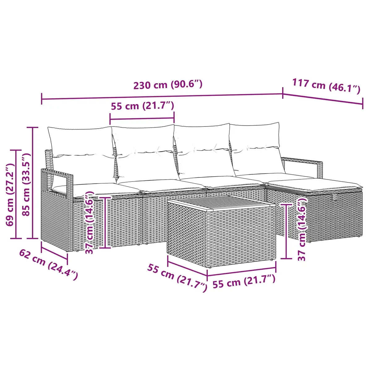 Garden Sofa Set Rattan Modular 6 Pieces Grey Outdoor Furniture