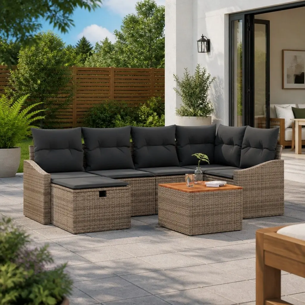 Outdoor Garden Sofa Set 7 Pieces Grey Poly Rattan Modular Patio Furniture with