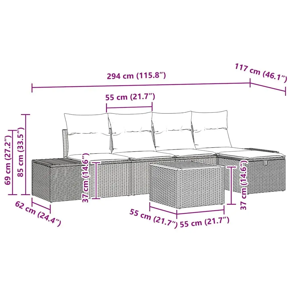 Garden Sofa Set 6 pcs Outdoor Furniture Grey Poly Rattan Modular Patio Seating