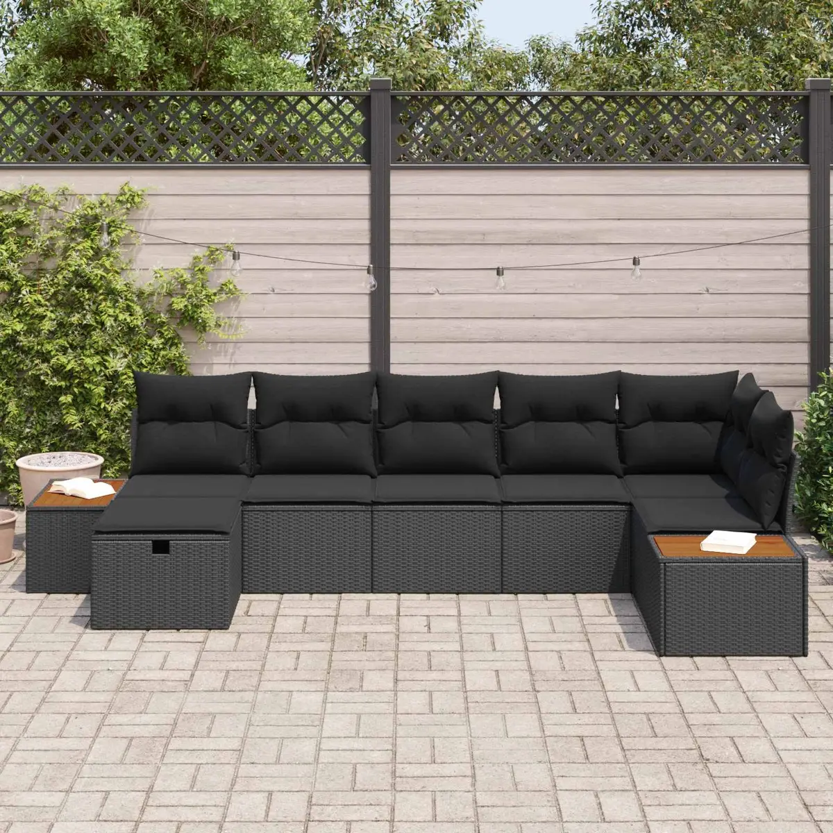 7 Piece Outdoor Garden Sofa Set Modular Poly Rattan Black with Cushions
