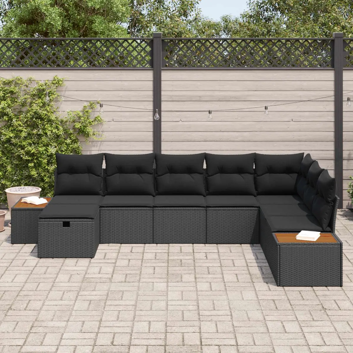 Modular Garden Sofa Set Black Poly Rattan Outdoor Seating with Cushion Storage
