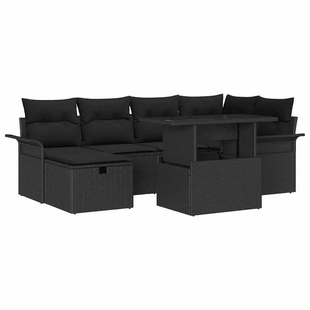 Outdoor Furniture Set Black Poly Rattan 7 Piece Modular Garden Sofa with Height Adjustable Table