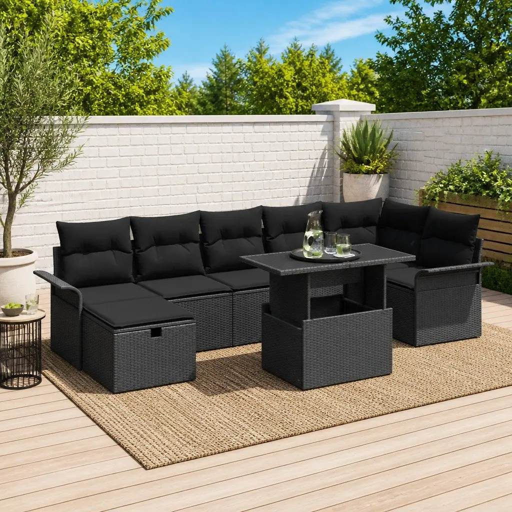 Modular Garden Sofa Set Poly Rattan 8 Pieces Black Powder Coated Steel Outdoor Furniture