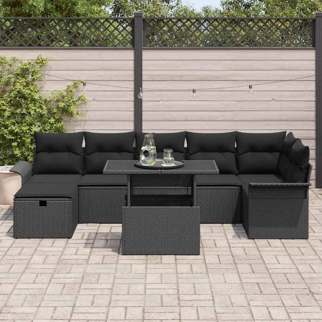 Modular Garden Sofa Set Poly Rattan 8 Pieces Black Powder Coated Steel Outdoor Furniture