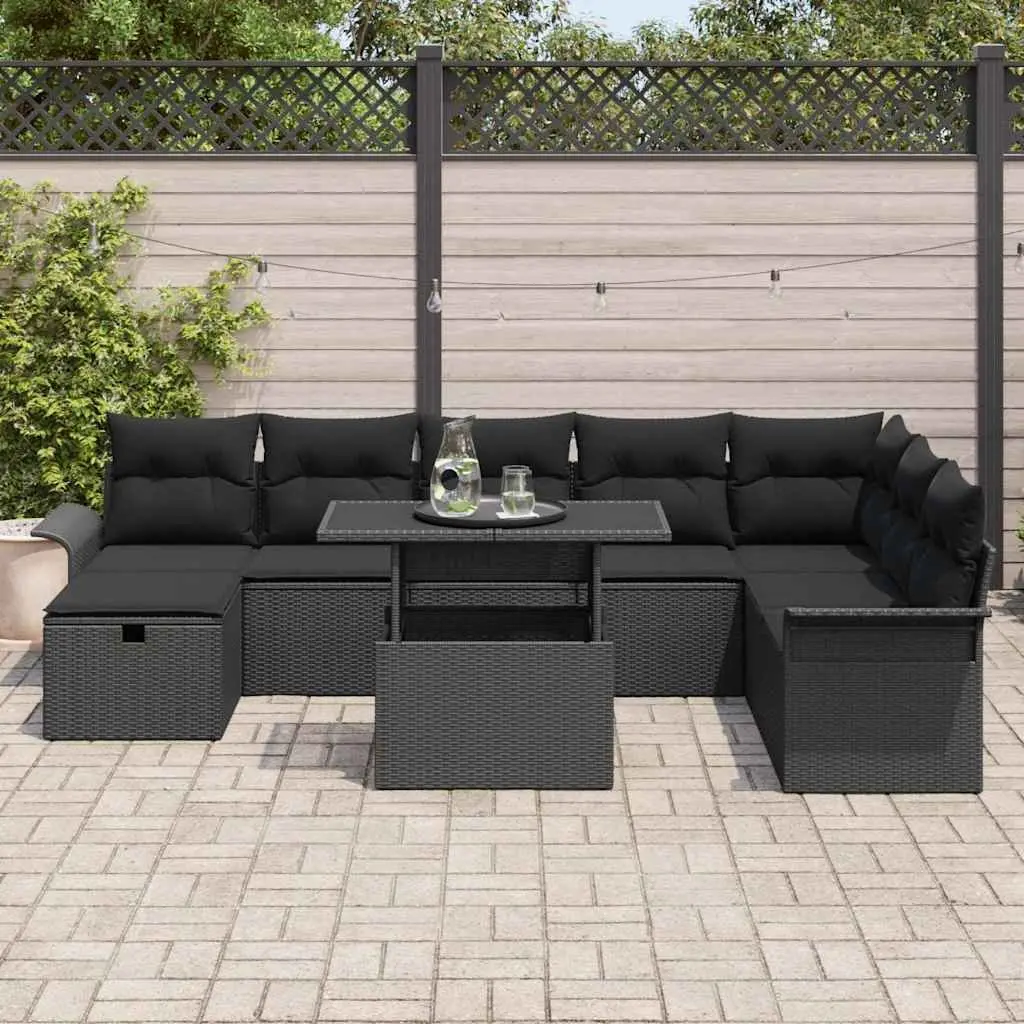 Modular Patio Furniture Set 9 Piece Black Poly Rattan Acacia Wood Outdoor Sofa with Cushions and Height Adjustable Table