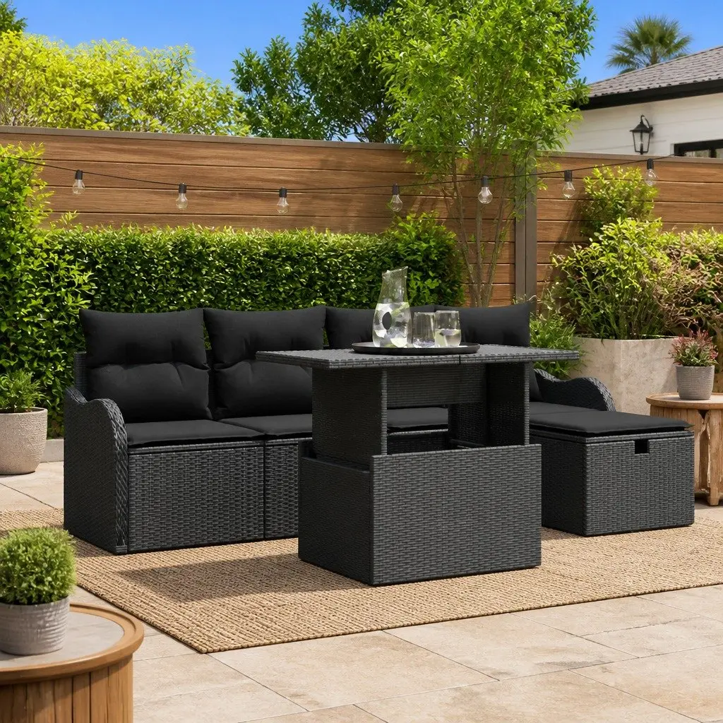 Garden Sofa Set Poly Rattan Modular 6 Piece Outdoor Furniture Black with Cushions