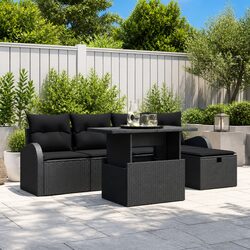 Modular Garden Sofa Set 6 Piece Outdoor Furniture with Cushions Black Poly