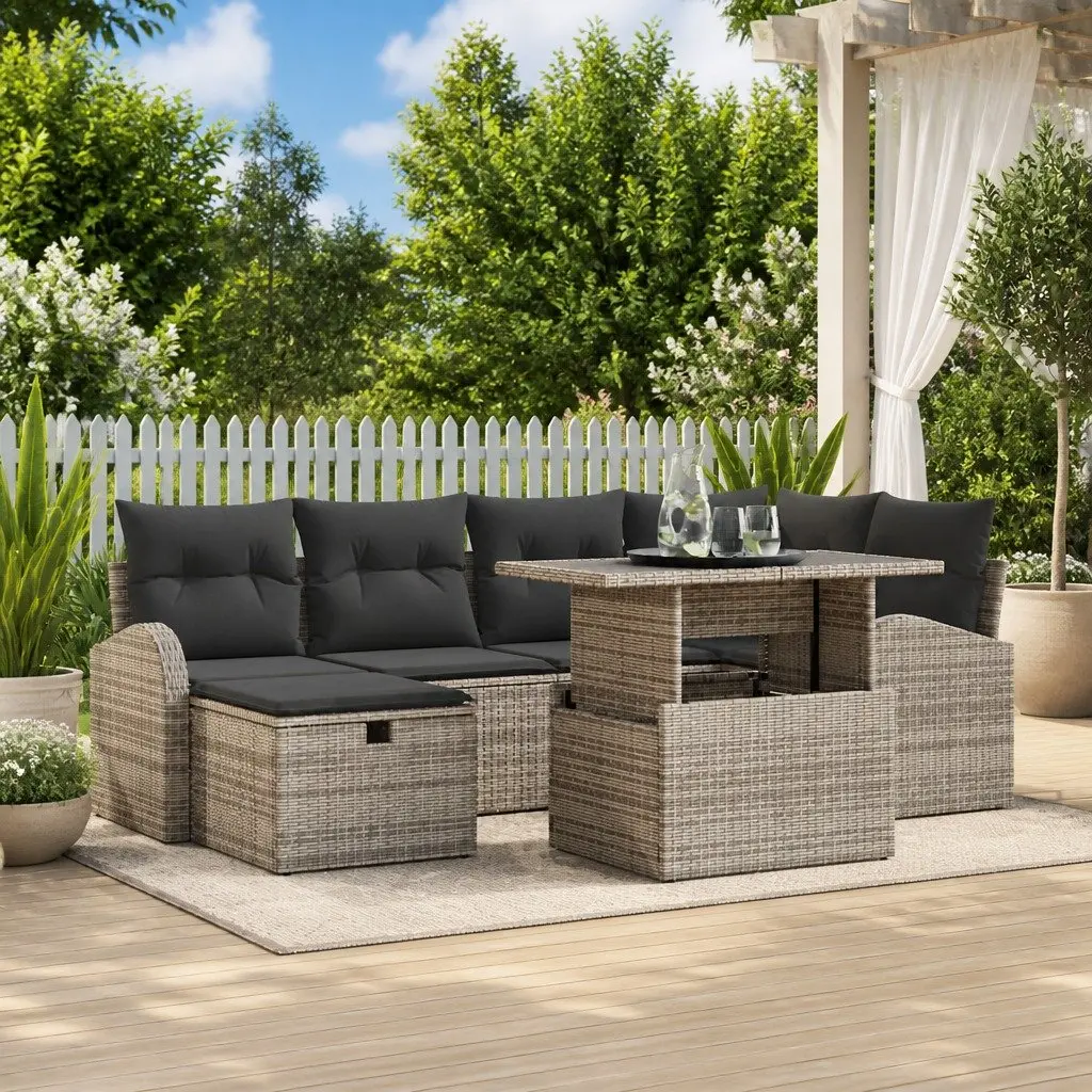 Modular Outdoor Sofa Set Grey Poly Rattan 7 Pieces Adjustable Table with Integrated Storage