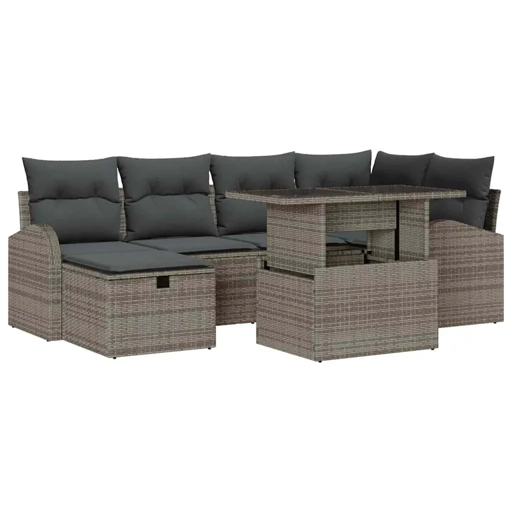 Modular Outdoor Sofa Set Grey Poly Rattan 7 Pieces Adjustable Table with Integrated Storage