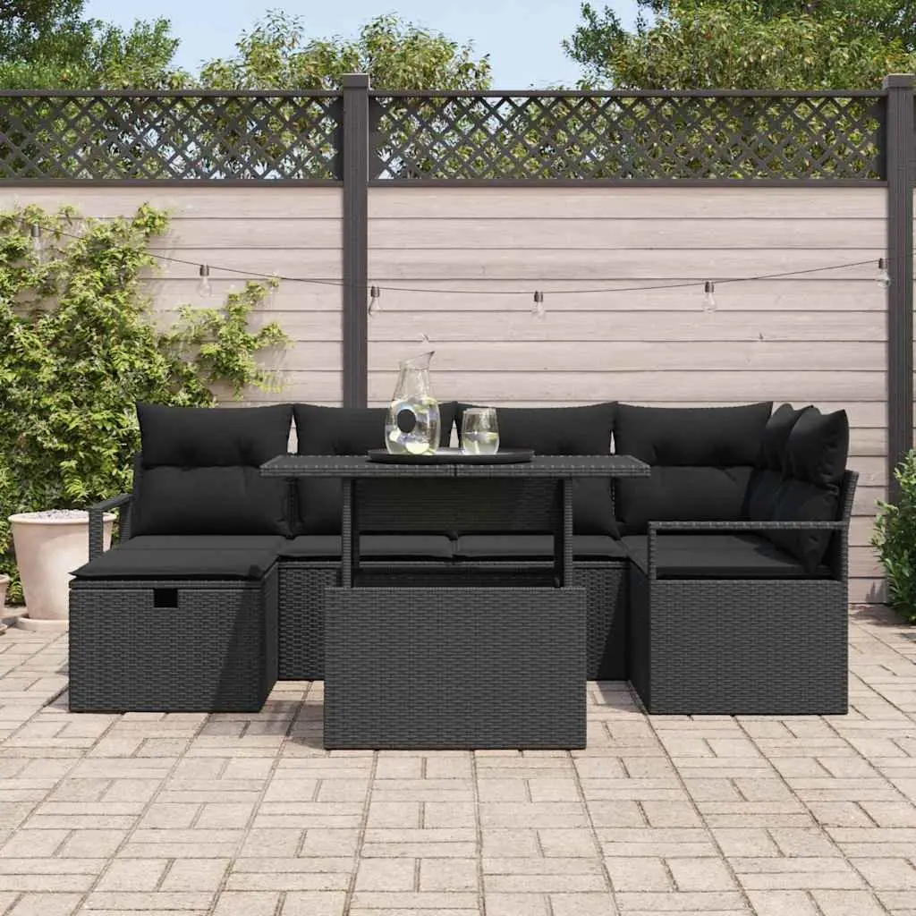 Modular Outdoor Garden Sofa Set 7-Piece Poly Rattan Black with Tempered Glass Tops