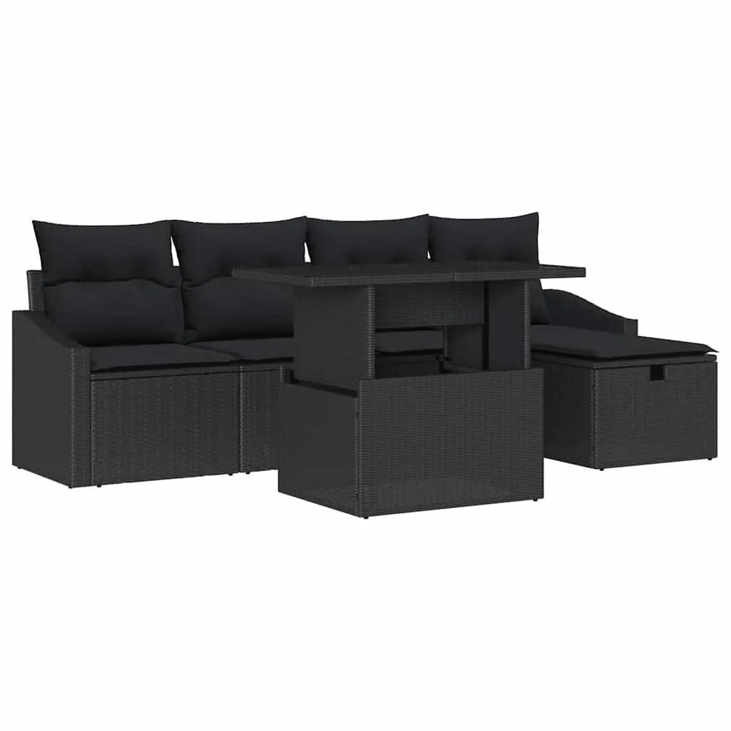 Garden Sofa Set Modular Black Poly Rattan Solid Acacia Wood 6 Piece Outdoor Furniture