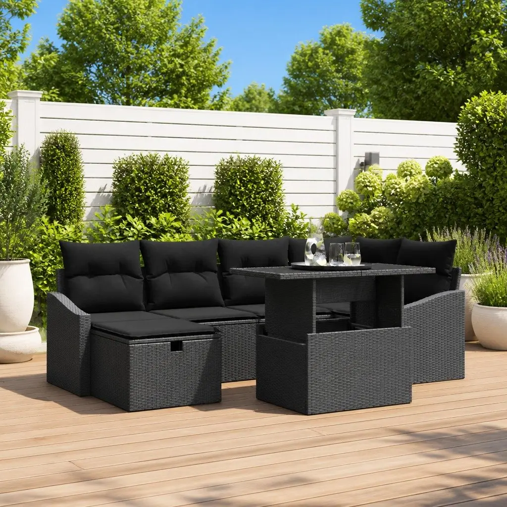 Garden Sofa Set Modular Outdoor Furniture 7 Pieces Black Poly Rattan Patio