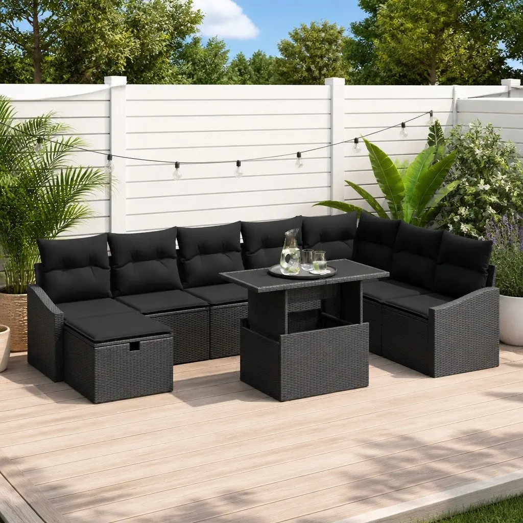 Modular Garden Sofa Set Poly Rattan Acacia Wood 9 Pieces Black Height-Adjustable Table