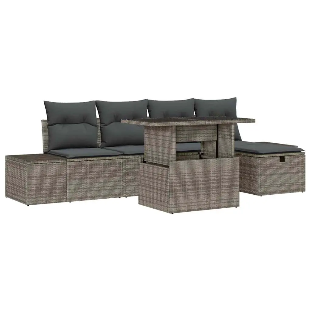 Modular Garden Sofa Set Height-Adjustable 6 Piece Outdoor Furniture Grey Poly Rattan Acacia Wood Steel