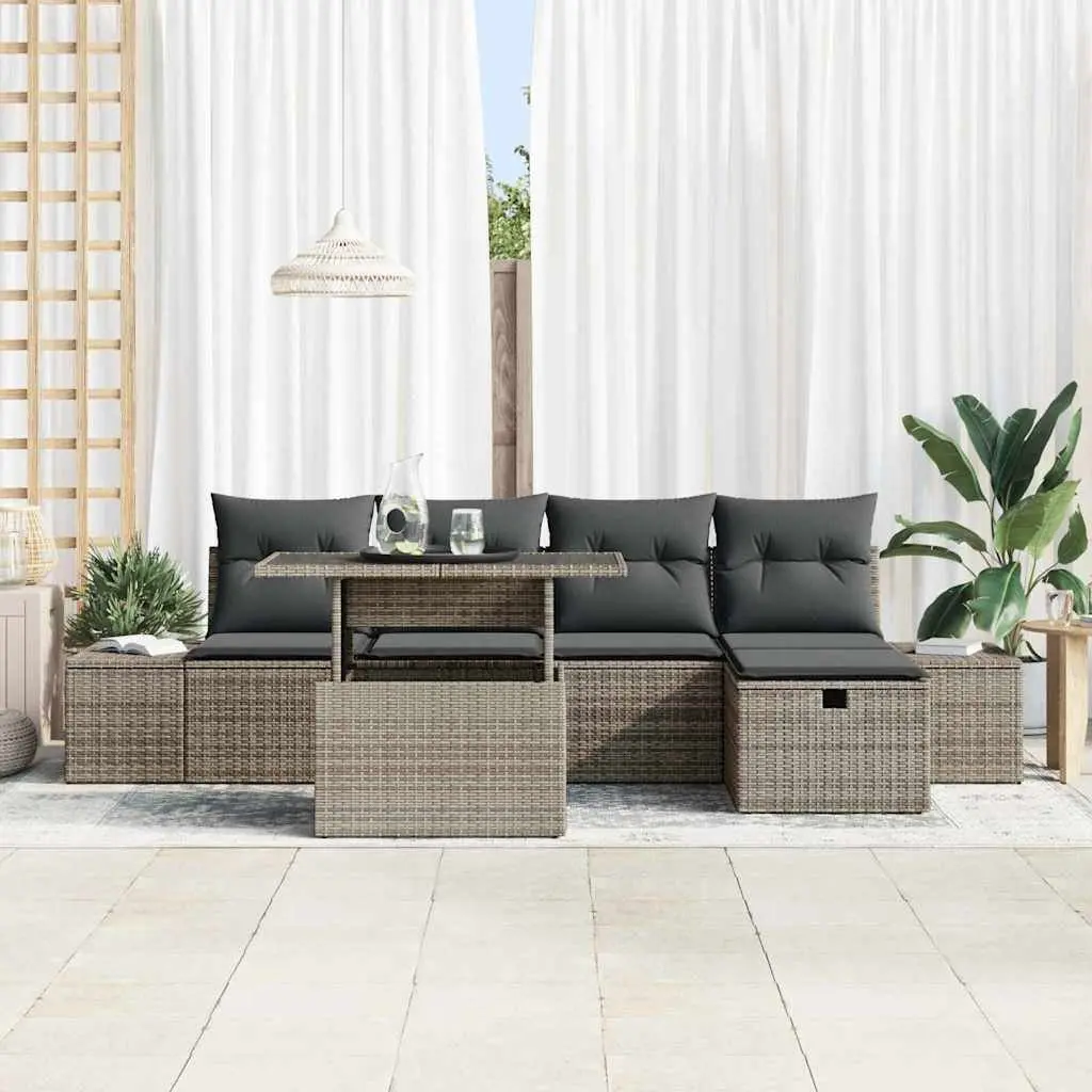 Modular Garden Sofa Set Height-Adjustable 6 Piece Outdoor Furniture Grey Poly Rattan Acacia Wood Steel