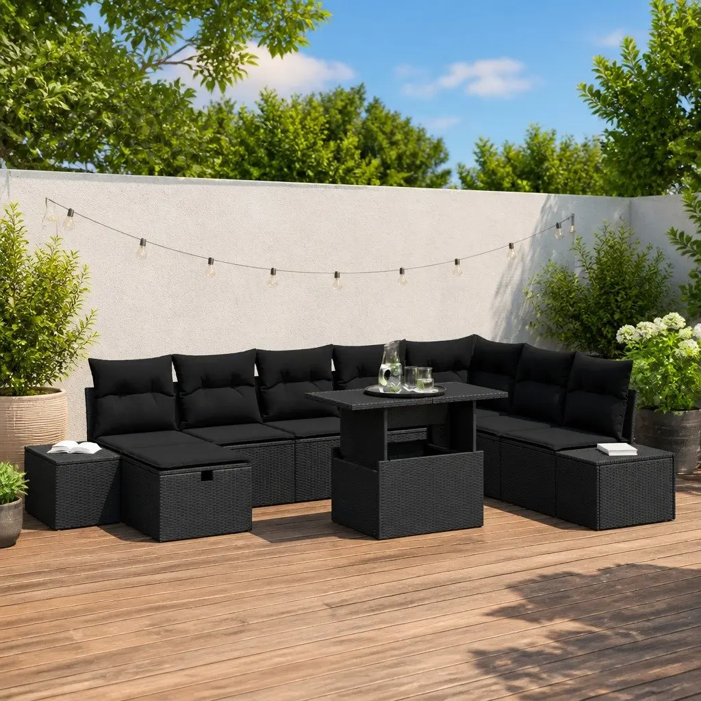 9 Piece Modular Garden Sofa Set Poly Rattan and Acacia Wood Height-Adjustable Table Outdoor Furniture Black