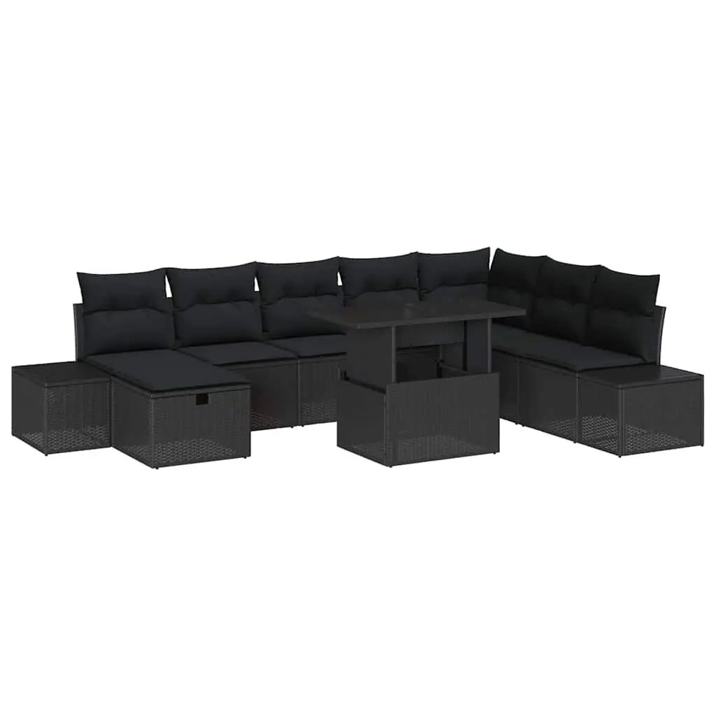 9 Piece Modular Garden Sofa Set Poly Rattan and Acacia Wood Height-Adjustable Table Outdoor Furniture Black